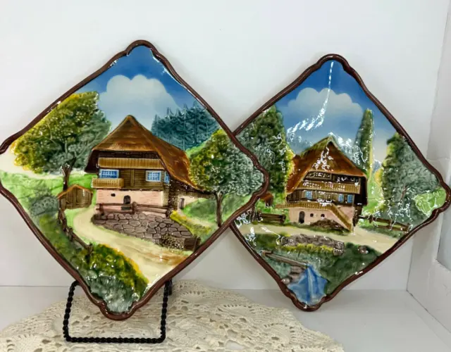 VTG WEST GERMANY ~ Majolica 3D Ceramic Chalet Countryside Wall Plaques