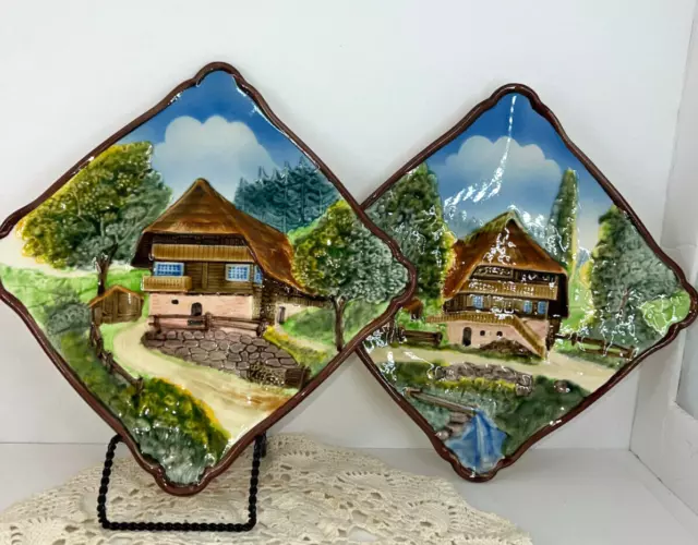 VTG WEST GERMANY ~ Majolica 3D Ceramic Chalet Countryside Wall Plaques