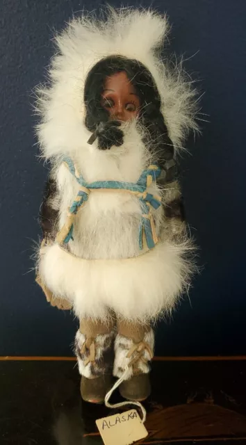 Vintage Alaska Eskimo Indian Hand Crafted Leather Fur Souvenir Doll