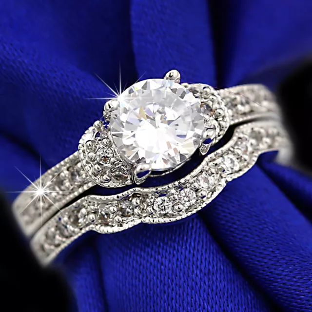 9K White Gold Gf Luxury 1Ct Lab Diamond Vintage Wedding Engagement Lady Ring Set