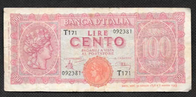 Italy  100 Lire 1944 Circulated Banknote  BANCA D'ITALIA