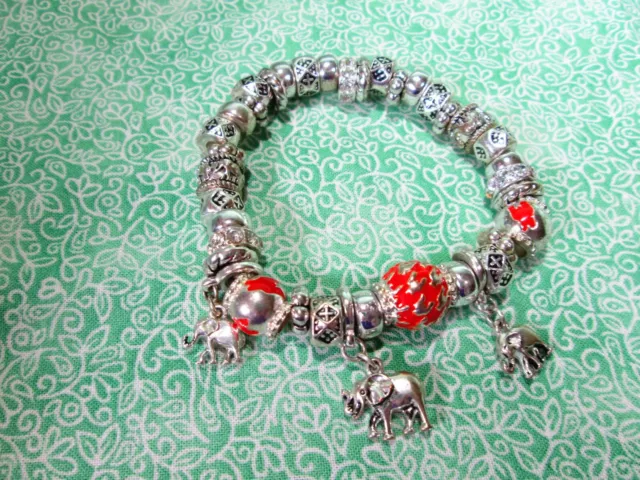 Elephant Silver Tone Stretch Charm Bracelet-Lucky / Rhinestones & Red Enamel