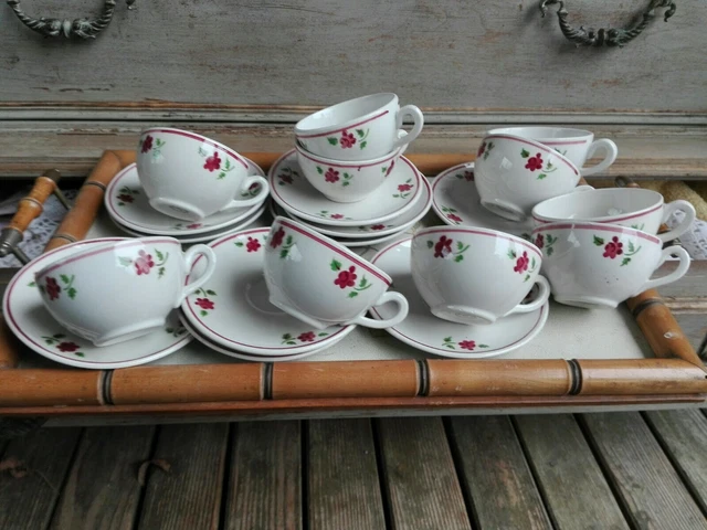 10 Anciennes Tasses Et Sous-Tasses Lunéville Rosine K&G Décor Petites Fleurs