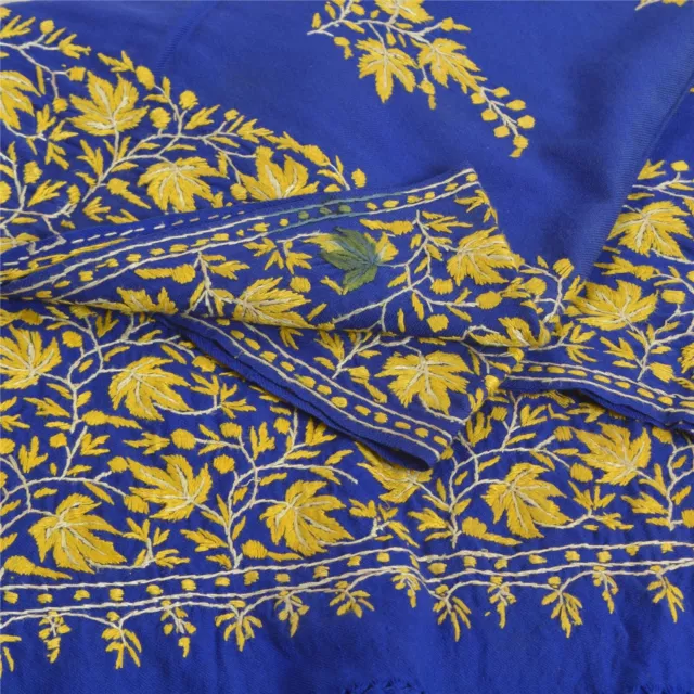 Sanskriti Vintage Long Blue Pure Woolen Shawl Hand Embroidered Scarf Throw Stole