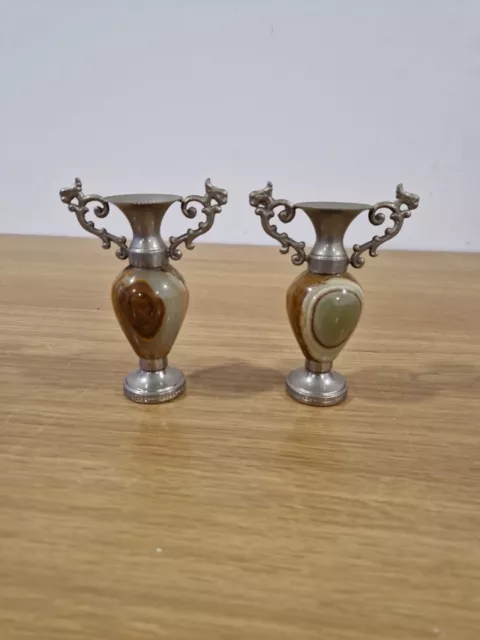 Vintage Double Dragon Handle Natural Onyx Vases 4 Inches