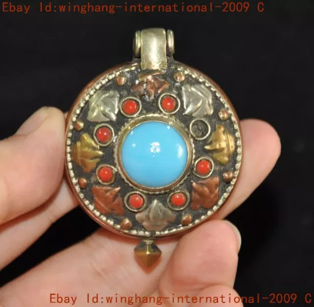 old Tibet Tibetan silver inlay red green gem exorcism Amulet periapt pendant