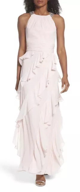 NWT Eliza J Embellished Ruffle Maxi Chiffon Prom Gown Pink/Blush Size 2 $268