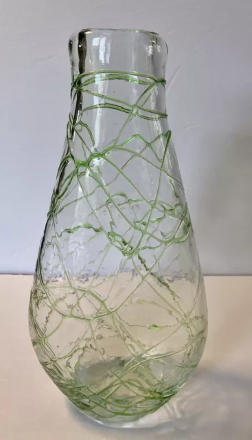 Hand blown Green Glass Vase 12” Tall Applied Glass Textured Design