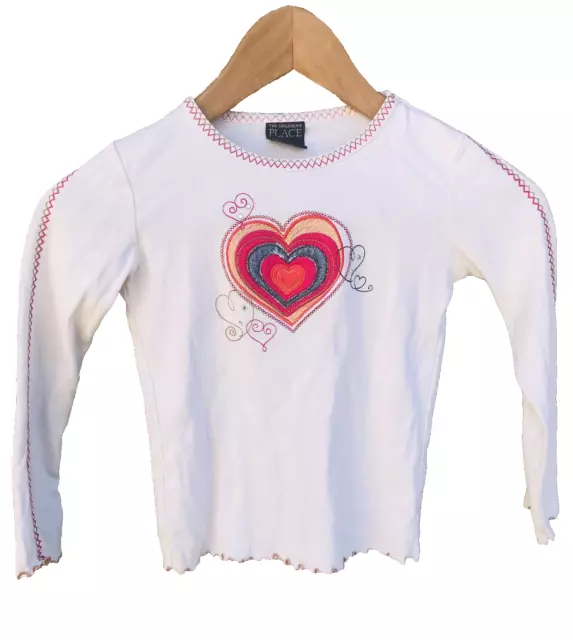 The Children Place Girls T-shirt Top Size Small S 5-6 Beige Long Sleeve Hearts