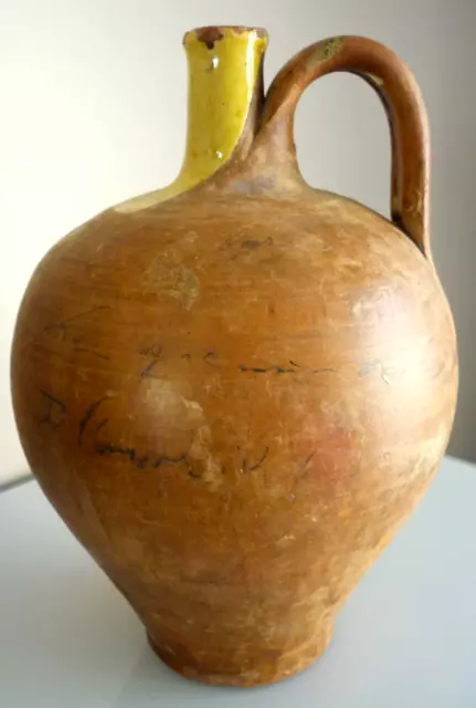 Rare Grande Cruche, Plongeon Ancien, Terre Cuite Vernissee Jaune, Art Populaire