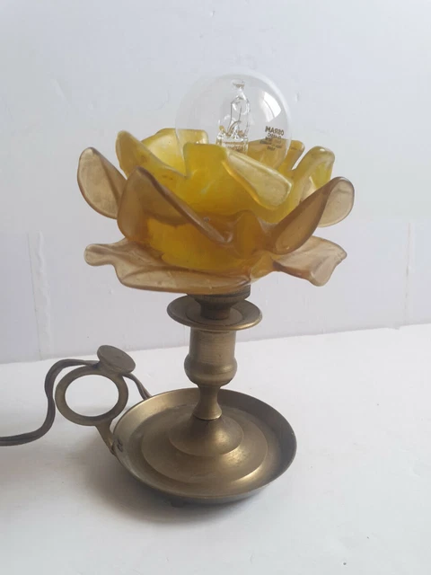 Lampe De Bureau Vintage Italie, Laiton, Céramique Verte Et Poignée Bois, Abat-jour Conique