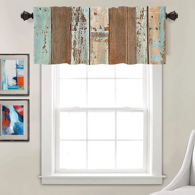 Rustic Wood Kitchen Valances Half Window Curtain, Brown Wooden Blue Wood Plank W