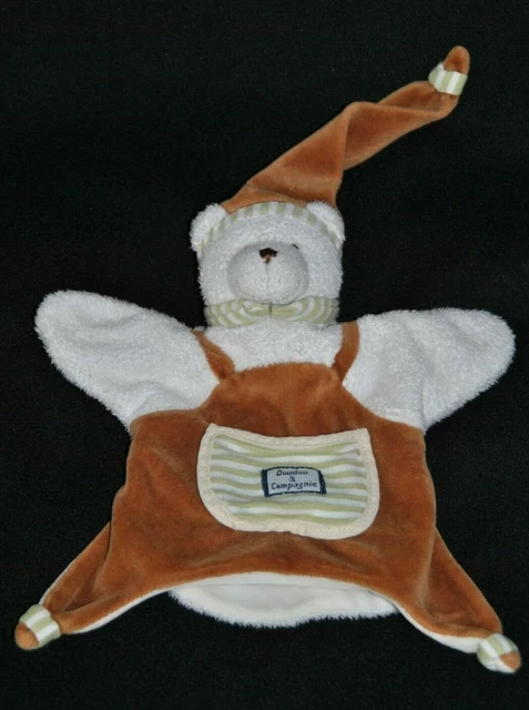 DOUDOU ET COMPAGNIE Marionnette Ours Brun Marron Blanc  Poche Rayé Vert TBE