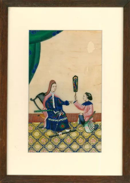 Framed Chinese Late 19th Century Watercolour - Empress with Attendant