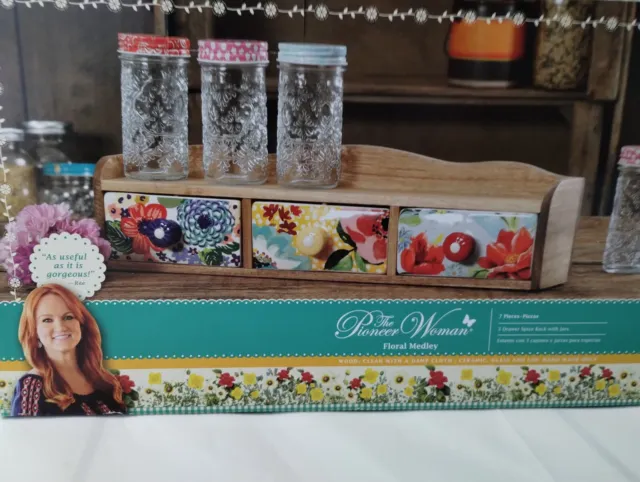 NWT THE PIONEER WOMAN FLORAL MEDLEY 3 Pc SPICE JARS WITH LIDS Mini