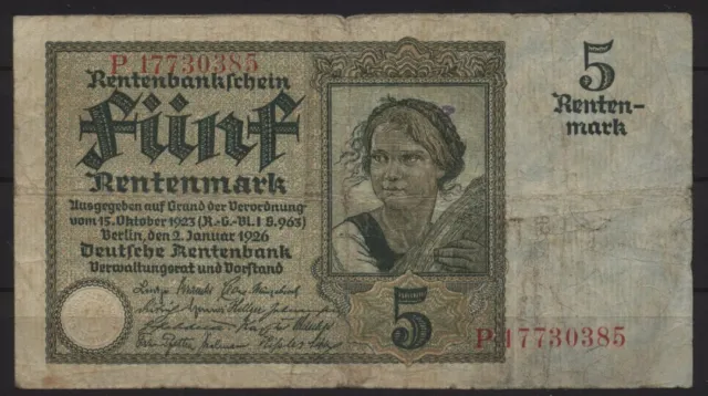 [18162] - DEUTSCHE RENTENBANK, RENTENBANKSCHEIN, 5 RM, 02.01.1926, Ro. 164b (= E