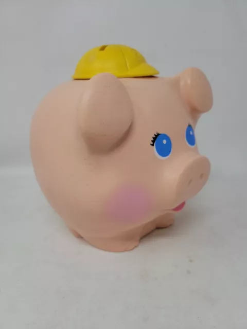 Vintage Fisher Price 1980  Pink Pig  PIGGY BANK   Yellow Hard Hat  Quaker Oats