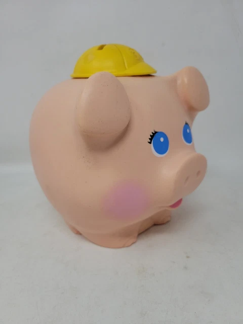 Vintage Fisher Price 1980  Pink Pig  PIGGY BANK   Yellow Hard Hat  Quaker Oats