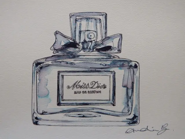 Original Pen & ink Drawing of a bottle of Miss Dior Perfume on Watercolour paper