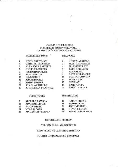 Teamsheet - Mansfield Town v Millwall 2005/6 League Cup