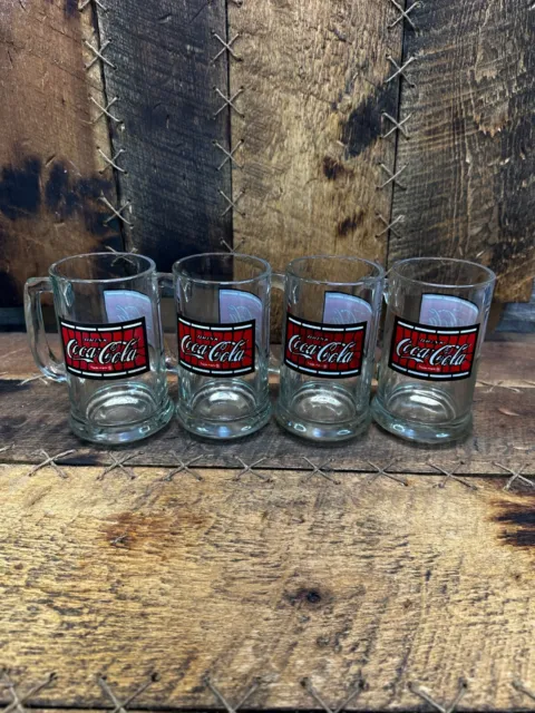 Set of 4 Vintage Iconic Stain Glass Coca Cola Soda Drinking Mugs with Handles
