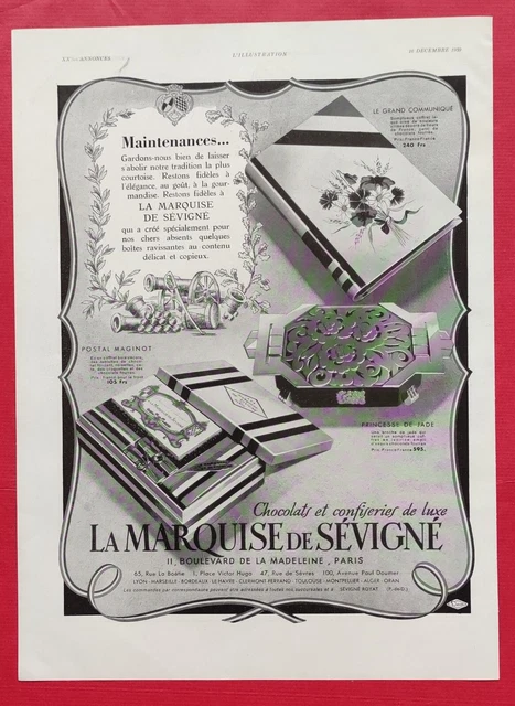 Publicité de presse Chocolat Luxe La Marquise de SEVIGNE & Parfum REVILLON 1939