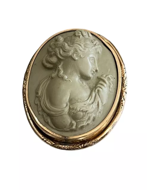 Antique Elegant 10kt Woman Victorian Lava Cameo Brooch Pin Goddess Detailed
