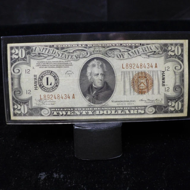 1934 A $20 Brown Seal Silver Certificate Twenty Dollars Hawaii Note - Fine-VF