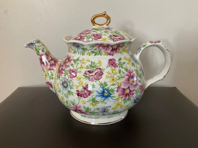RARE Vintage Windsor Chelsea Chintz SUMMER PINK English Teapot Gold Gilt Floral