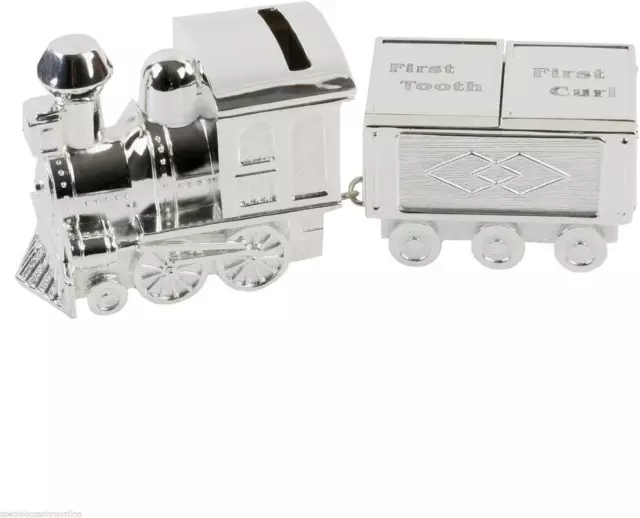 Silver Plated Train Money Box, Tooth & Curl Carriages- Baby Christening Gift
