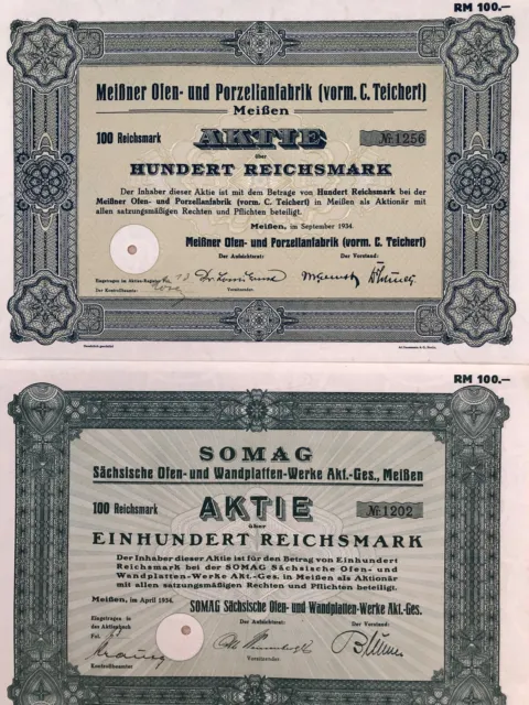 2 x Meißen aus Sachsen - 2 x Historische Original Aktien - 2 x 1943 - 2 x 100 RM