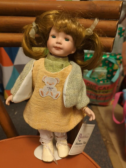 Duck House Heirloom Doll 12 Inches Porcelain Doll Girl w Teddy Bear dress LB