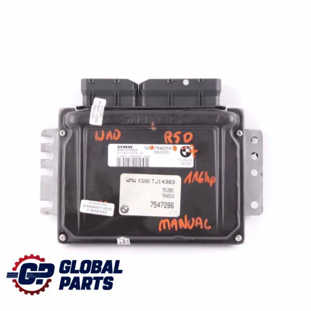 Mini Cooper R50 W10 Petrol Module de contrôle du moteur ECU DME 7542310 Manual