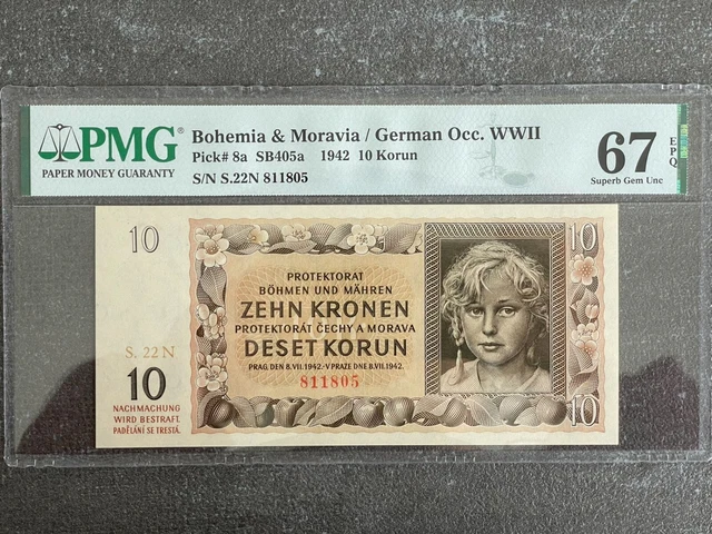Bohemia & Moravia 10 Korun 1942 PMG 67 EPQ Pick # 8a TOP POP