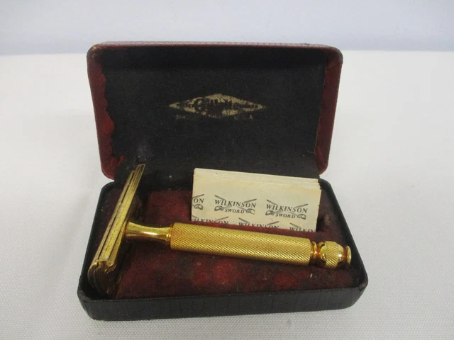 VINTAGE 1940s GILLETTE GOLD TECH SAFETY RAZOR with BALL END in CASE