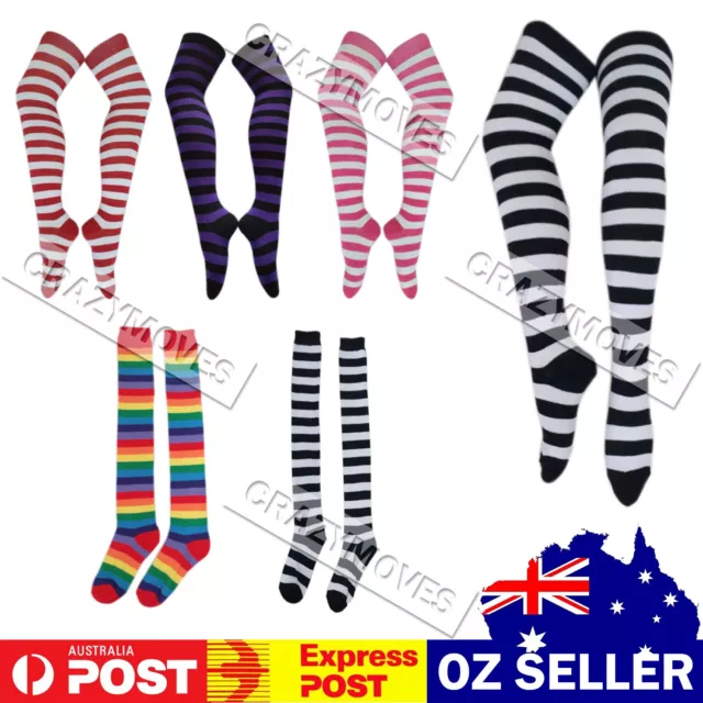 Over The Knee High Socks Striped Ladies Girls Women Cheerleader Pair Stripe