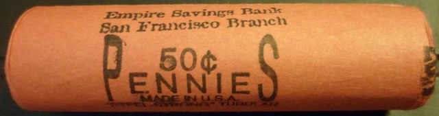 One Original Wheat Cent Penny Bank Roll "Empire Bank San Francisco" 50 coins kz