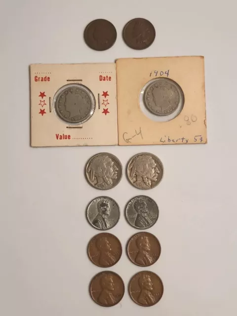 2 Indian Head Cents, 2 Liberty V, 2 Buffalo Nickels, 2 Steel & 4 Wheat Pennies!