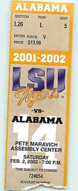 Ticket College Basketball Alabama 2001 - 02  2.2 - LSU Tigers