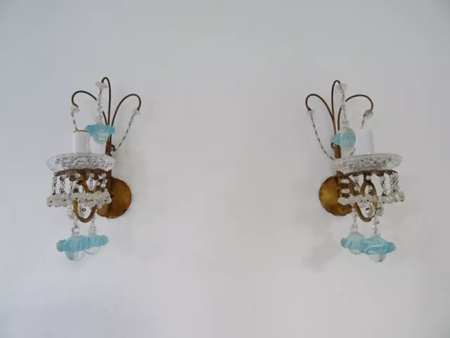 ~1920 French Aqua Blue Murano Ribbon Balls and Crystal Sconces~