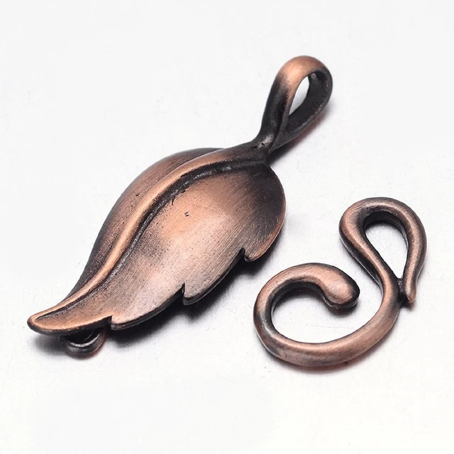 Brass Hook Clasps For Leather Cord Bracelets.  Leaf Red Copper 33x13mm