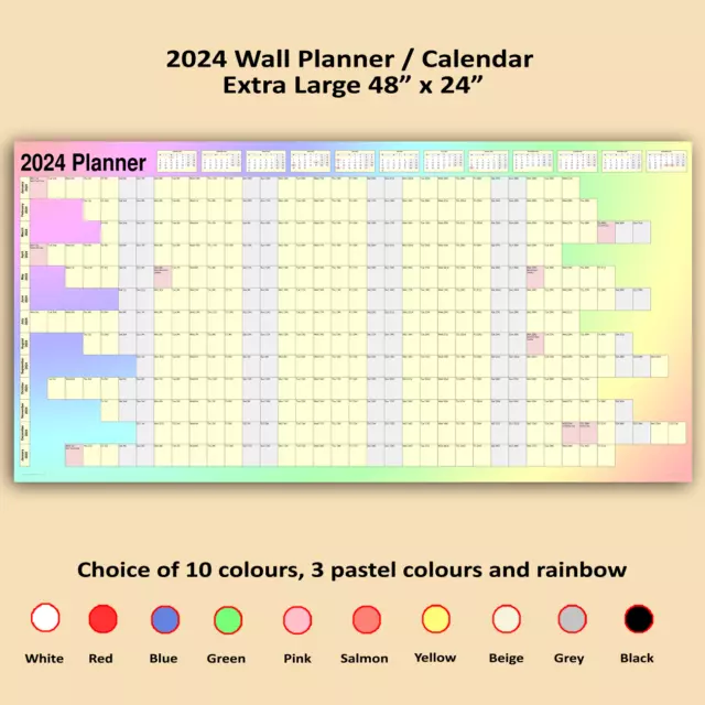 2024 Year Wall Planner Calendar 48" x 24" Choice of 14 Colours (rolled/folded)