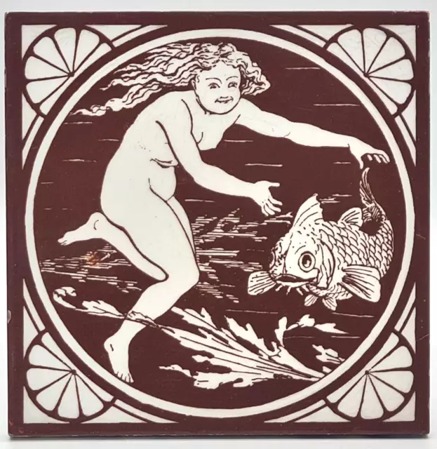 Antique Minton Tile Block Printed Water Nymphs J.Moyr Smith C1875 RARE AE1