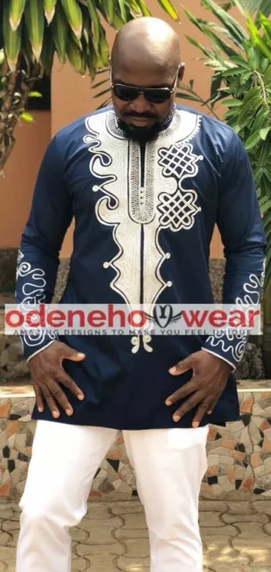 Odeneho Wear Men's  Polished Cotton Top/White Thread Embroidery.African Clothin