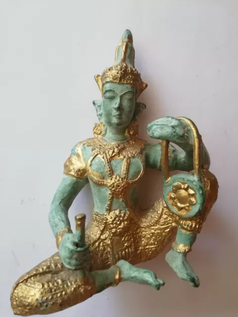 Bronze Skulptur Thai Tempel Musiker mit Gong, Thailand 1990er 13 cm 680 g