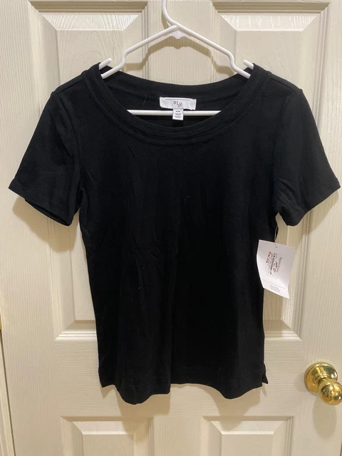 Nuovo da Donna MB Mainstream Boutique Nero Aderente Stretch T Shirt Ps Piccola