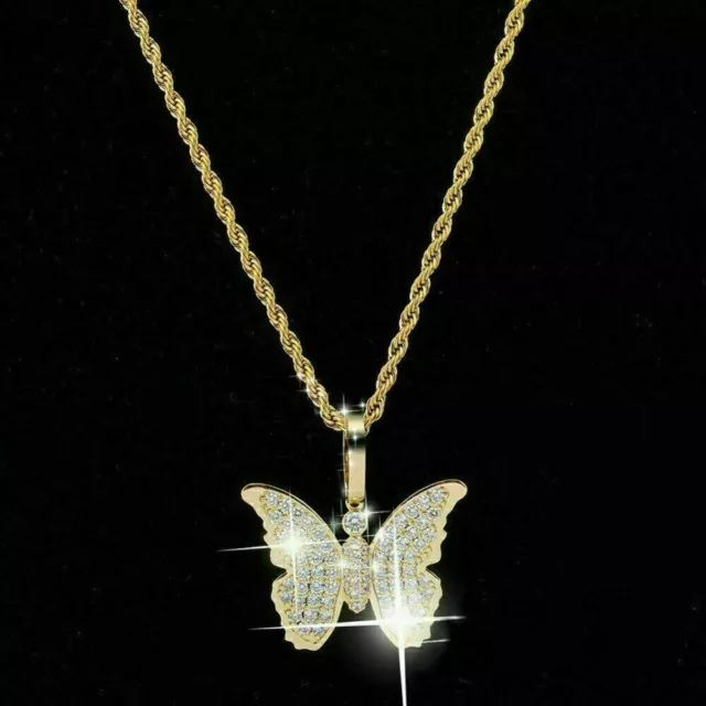 2Ct Round Cut Lab Created Diamond Butterfly Women's Pendant 14k Yellow Gold Over