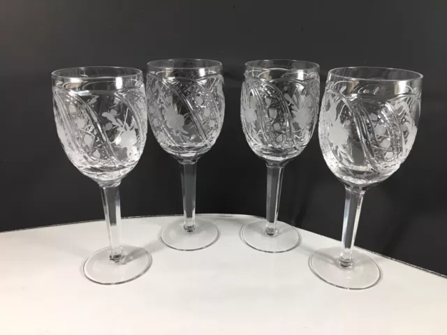 4~ Vintage Crystal Etched Wine Goblets With Frosted Flowers Elegant Stemware