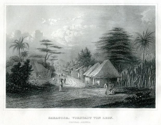 Saragosa, Vorstadt von Leon (Central-America) - Stahlstich