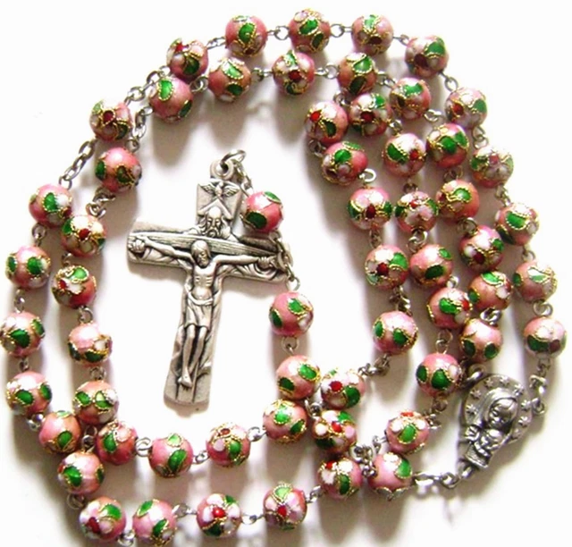 * PINK CLOISONNE ROSE BEADS ROSARY & CROSS crucifix catholic necklace